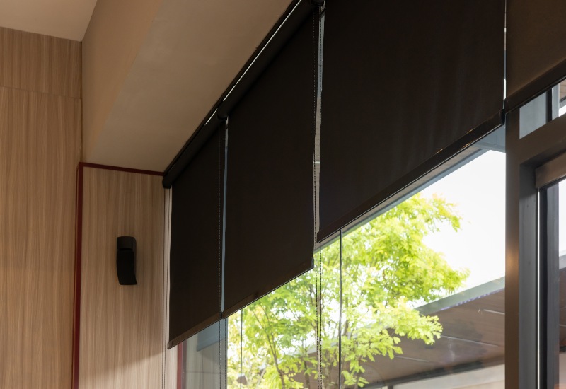 Black roller shades on large windows with outdoor greenery in Tucson, AZ